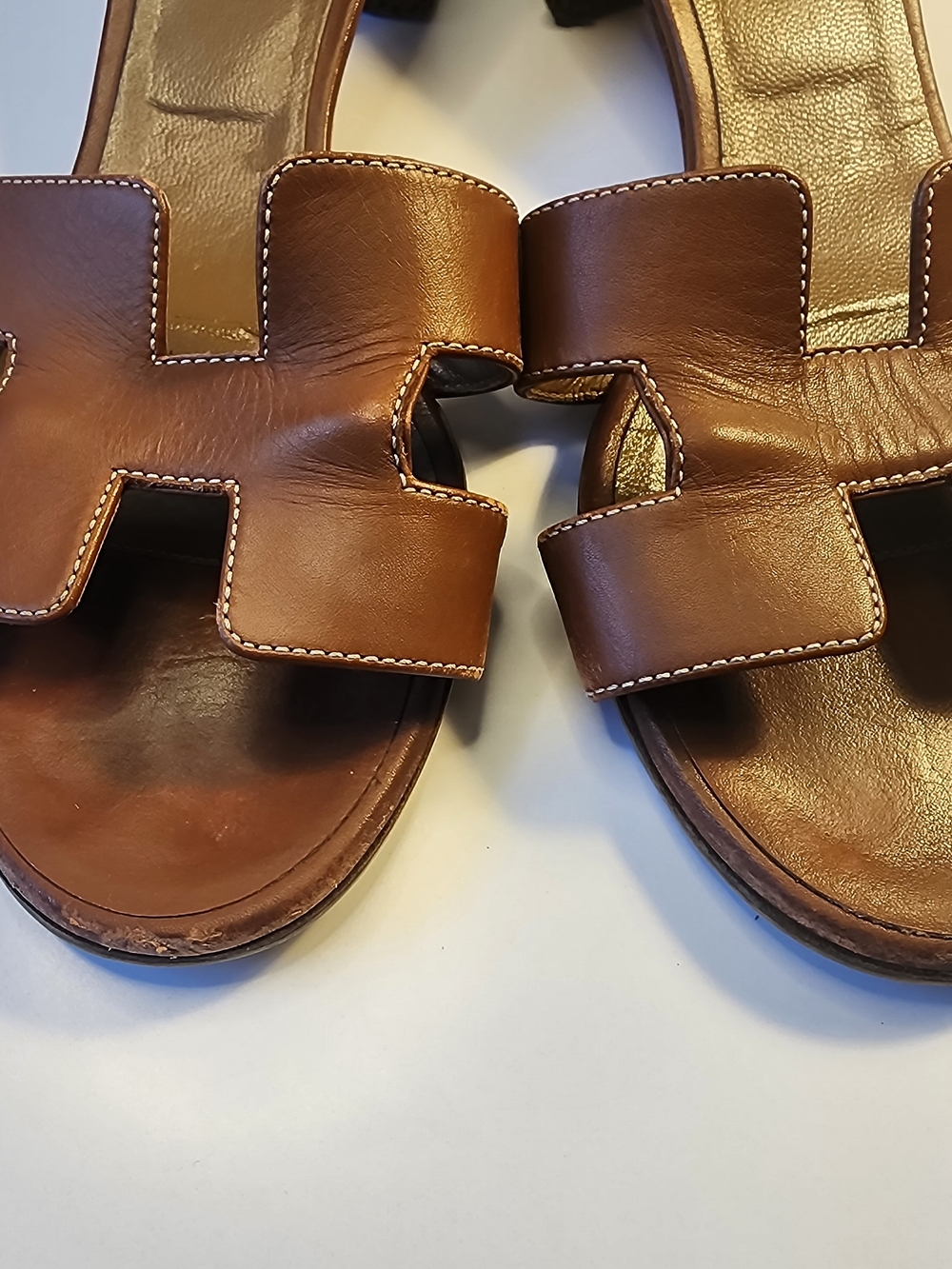 Hermes Gold Brown Oasis "H" Cut Out Sandals Shoes 38 1/2 USED - Picture 3 of 10